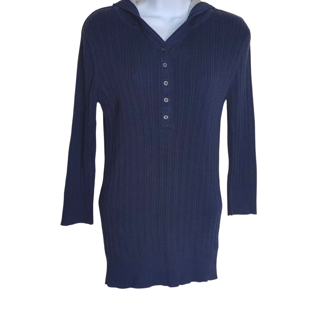 Indie Grunge Ribbed Knit Henley Hoodie Longline Navy Blue 2000s Top Womens Large